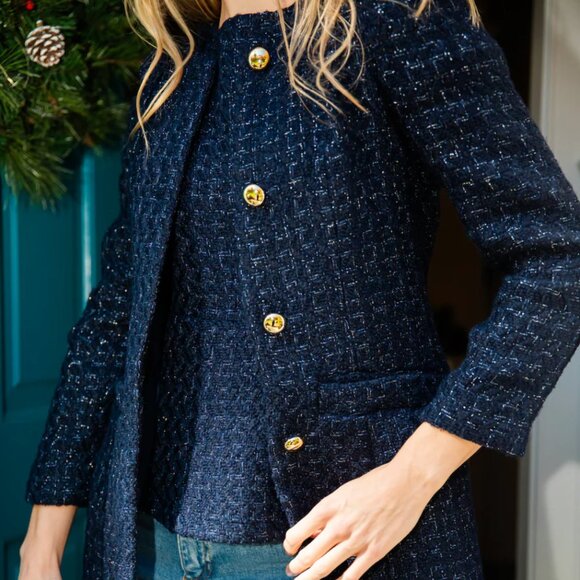 Current Season! Brand New Sail to Sable Navy Metallic Tweed Button Front Coat, M - Picture 4 of 7